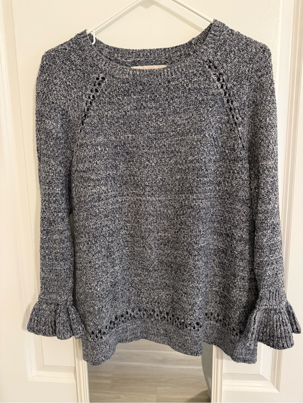 LOFT Marled Navy Ruffle Sleeve Sweater M